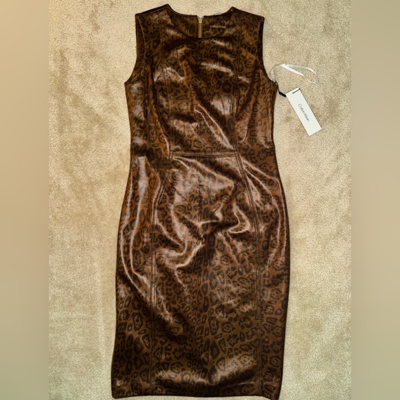 CALVIN KLEIN NWT Vegan Faux Leather Lined Sheath Dress Bodycon leopard cheetah - Picture 1 of 7